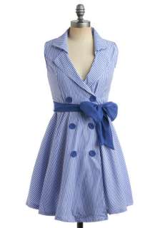 Dandy Striper Dress   Blue, White, Stripes, Bows, Buttons, Casual 
