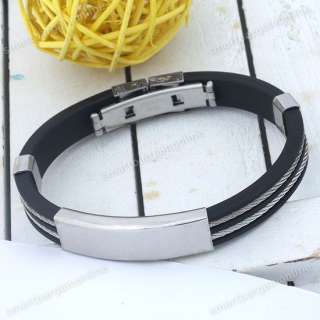 Mens Silver Stainless Steel Cord Black Rubber Bracelet 7L Cuff 