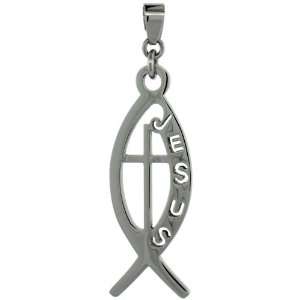 Surgical Steel Jesus Christian Fish Pendant 1 3/4 in. (45mm), w/ 30 in 