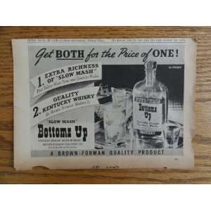 Brown Forman bottoms up whiskey.1937 print ad (bottle/glasses on tray 