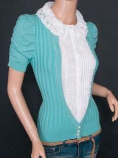 Knit Lace Ruffles Collared Built in Career Shirt Short Sleeves Blouse 