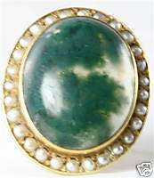 VINTAGE ANTIQUE 14K GOLD MOSS AGATE SEED PEARL RING  