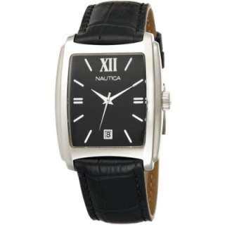 Nautica Mens Black Dial Black Leather Square Analog Date Watch N07546 