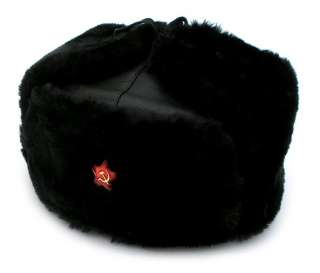 Russian BLACK Leather top Winter USHANKA Hat XXL *STAR*  