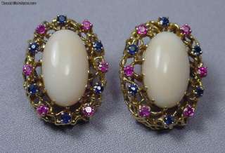 Angelskin Coral 14k Rubies Sapphires Earrings 20.9 Grm  