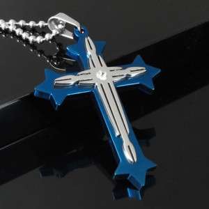 Mens Stainless Steel Blue Cross Pendant Necklace Chain  