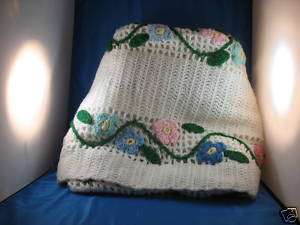 Hand Crocheted Afghan Acrylic White with flowers  