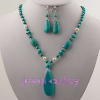 18mm Natural TURQUOISE Beads Tear Drop Pendant Necklace Earrings Set