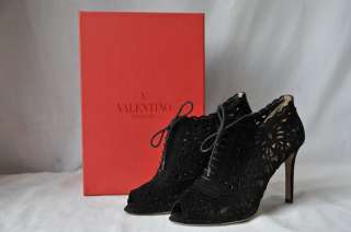 VALENTINO Black SUEDE LACE Laser Cut Out Peep/Open Toe Ankle Booties 