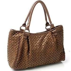  Brown Woven Faux Leather Shoulder Tote Bag Handbag with 