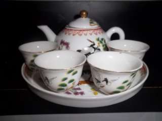 Vintage Miniature Japanese Porcelain Tea Set Cranes Tea Pot & 4 Tea 