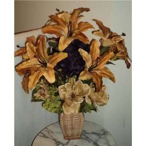 Fall Lily,Magnolia & Hydrangea Silk Flower Arrangement:  
