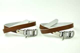 BIKE PEDAL STEEL TOE CLIPS & LEATHER STRAPS Set  Brown  