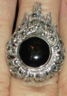 New Fire and Flame 925 Black Onyx Marcasite Ring Size 8 Sterling 