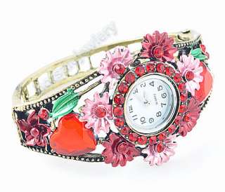 wholesale 1pcs Red Flower Cuff Bangle Watch rhinestone Crystal 