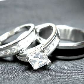   PIECES MENS WOMENS 925 SILVER STEEL BLACK WEDDING BRIDAL RING SET