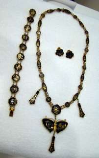   JAPANESE DAMASCENE WARE BUTTERFLY NECKLACE/BRACELET/EARRING SET 24k