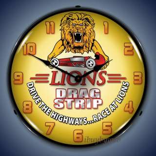 Retro Nostalgic Lions Drag Strip Car Race Lighted Clock  
