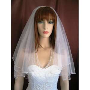 2T White Elbow Pearl Beaded Bridal Wedding Veil Beauty