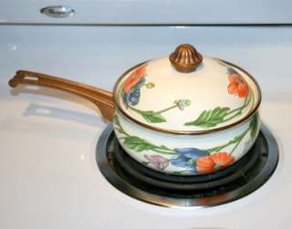 Vintage German ASTA Enamel Saucepan Pot Floral 2 Quart Brass Handle 