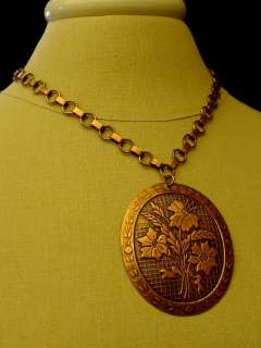 Vtg 70s Bohemian Copper Floral Medallion Chain Necklace  