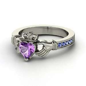  Claddagh Ring, Heart Amethyst 14K White Gold Ring with 