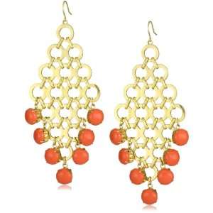    Coral Resin Bead and Gold Link Chandelier Drop Earrings Jewelry