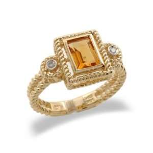  14K Yellow Gold Emerald Cut Citrine and Diamond Ring Size 