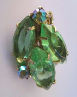 Vintage Peridot Green Rhinestone Earrings Clip On Open Back  