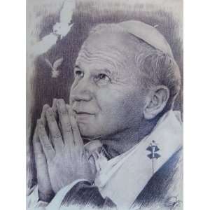 Pope John Paul II Sketch Portrait, Charcoal Graphite Pencil Drawing 