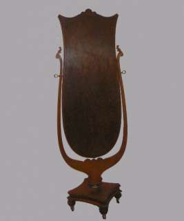 Antique Oak Cheval Full Length Dressing Mirror   shield shaped frame 