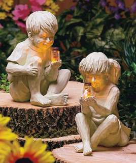 New Kids with Solar Fireflies Garden Statue Boy Girl or Pair  