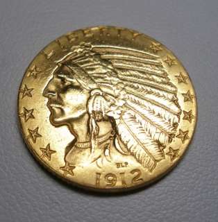 1912 INDIAN HEAD $5 HALF EAGLE GOLD COIN  