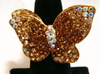 Faux Topaz Crystal Butterfly Glam Cockail Stretch Ring  