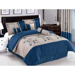  7 Pc Elegant Blue, Off White Embroidered Comforter Set 