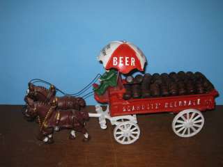Cast Iron Miniature Horse Drawn Beer Wagon & Wood Kegs  