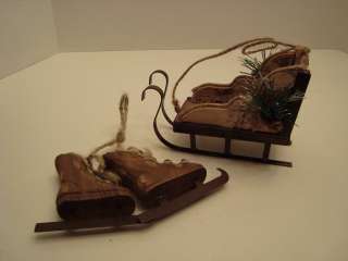 Rustic Wooden Sleigh & Pair of Ice Skates Ornaments  