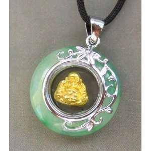  Green Jade Inside Alloy Metal Laughing Buddha Amulet Pendant 