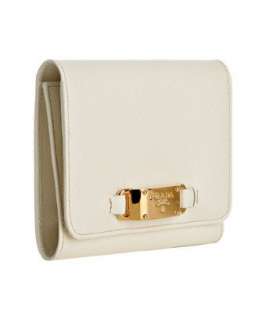 Prada white saffiano logo buckle tri fold wallet   