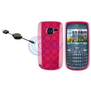 Pink Circle Gel Case Cover Skin+USB Cable for Nokia C3  