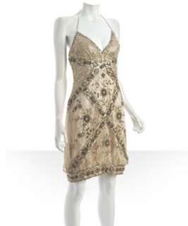 Sue Wong champagne beaded lace halter dress  BLUEFLY up to 70% off 