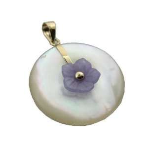   Pearl with Lavender Jade Small Moon Flower Pendant, 14k Gold Jewelry