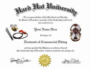DOCTORATE OF COMMERCIAL DIVING NOVELTY DIPLOMA  