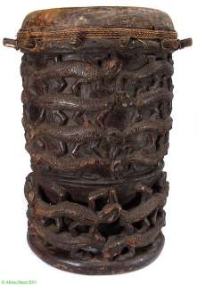 Bamileke Drum with Crocodiles Carved in Relief Cameroon African  