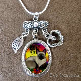 SIAMESE CAT SUNSET ART SILVER CHARM NECKLACE  