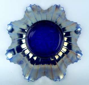   by NORTHWOOD ~ COBALT BLUE CARNIVAL GLASS 9 EIGHT RUFFLE BOWL  