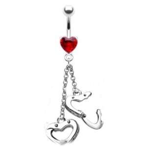   Red Crystal Heart Handcuff Charm Belly/Navel Ring Silver Tone: Jewelry