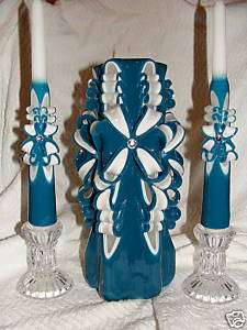 NEW HAND CARVED TEAL UNITY WEDDING CANDLE WITH TAPERS  