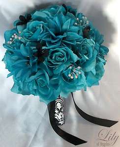   Bridal Bouquet Flowers TURQUOISE PEARLS Bride Boutonniere Groom  