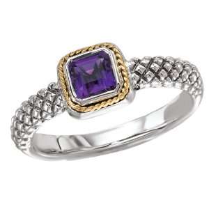 925 Silver & Amethyst Square Modern Ring with 18k Gold Accents  Size 8